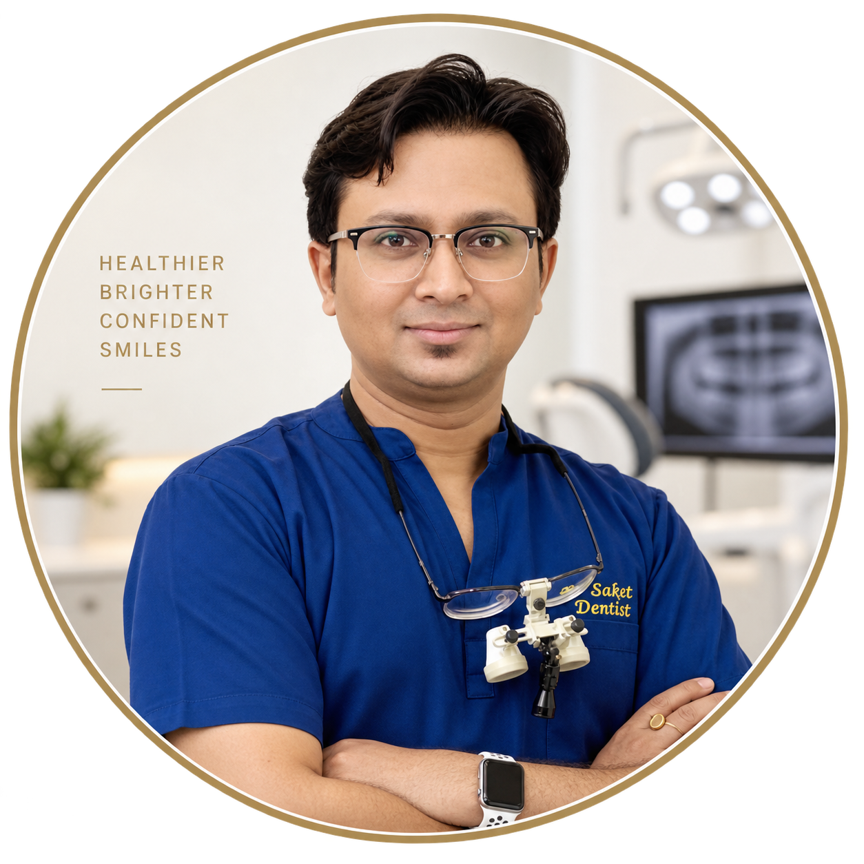 Dr. Saket Gaurav in blue scrubs with surgical loupes at Dr. Saket's Dental Makeover, Indirapuram Ghaziabad