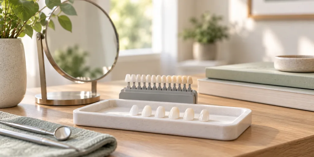 Veneer shade guide and porcelain veneer samples on a tray at Dr. Saket's Dental Makeover, Indirapuram