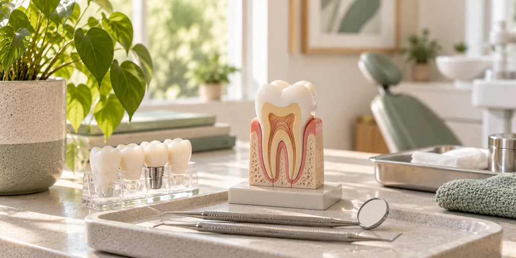 Model of a tooth showing the root canals beside dental instruments on a treatment table at Dr. Saket's Dental Makeover, Indirapuram