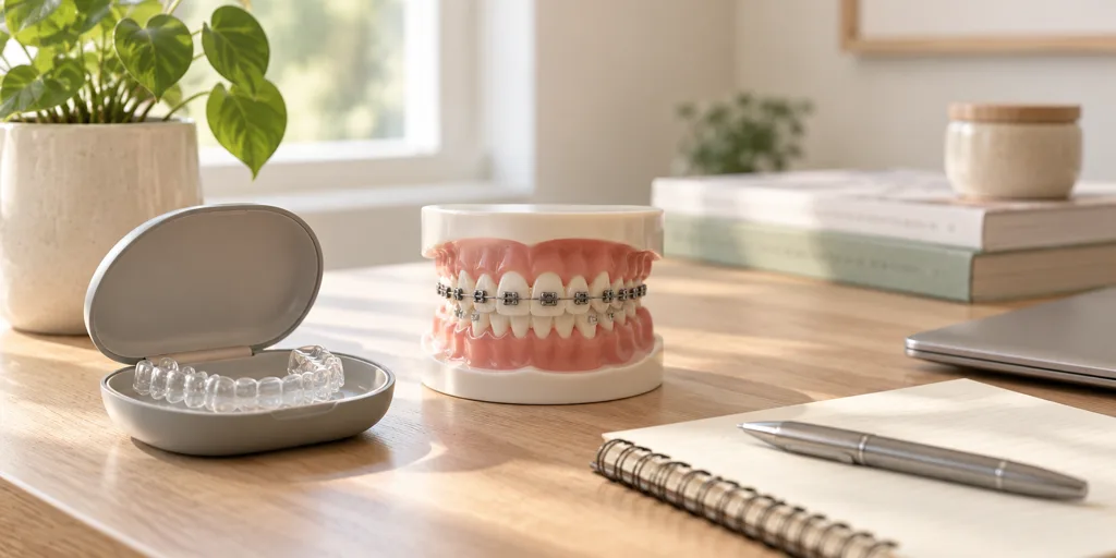 Clear aligner in its case beside a model of teeth with braces at Dr. Saket's Dental Makeover, Indirapuram