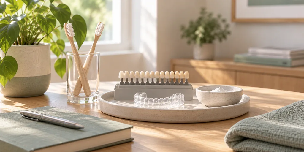 Tooth shade guide, whitening tray and toothbrushes on a desk at Dr. Saket's Dental Makeover, Indirapuram
